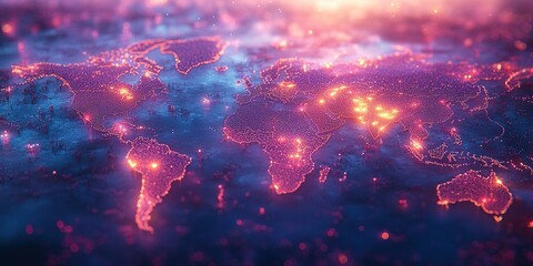 Poster - Digital world map illuminated by vibrant lights representing global connectivity and interaction at night