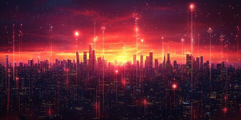 Poster - Sunrise over a futuristic city skyline with vibrant colors and digital elements