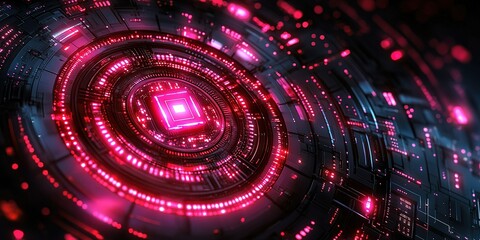 Poster - High-tech circular pattern with vibrant red lights and intricate circuit design in a futuristic setting