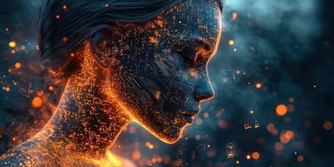 Poster - Portrait of a futuristic figure with glowing digital elements in an abstract setting at night