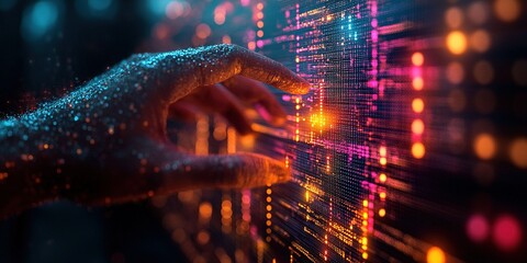 Poster - Engaging with digital light patterns in a futuristic technology setting at night