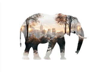 Aufkleber - Elephant silhouette with urban skyline at sunset creating a harmonious blend of nature and city life. Generative AI