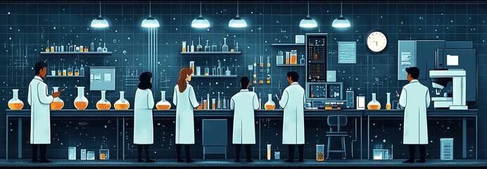 Poster - Scientists conduct experiments in a modern laboratory filled with advanced equipment and glassware