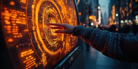 Poster - Interactive digital interface in a bustling urban setting at dusk with glowing visuals and user engagement