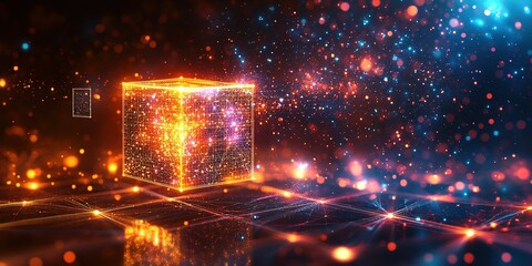 Poster - Colorful glowing cube surrounded by sparkling particles in a cosmic space setting at night