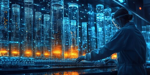 Poster - Scientist analyzing data in a high-tech laboratory filled with glowing glass tubes