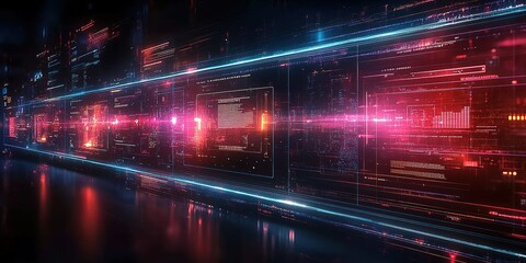 Poster - Vibrant digital landscape showcasing data streams and neon lights in a modern tech environment