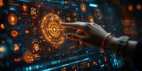Poster - Hand interacting with a futuristic digital interface showcasing glowing data visualizations and information in a tech environment