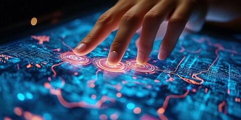 Poster - fingers interact with glowing digital interface in a futuristic environment showcasing advanced tech