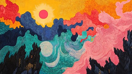 Wall Mural - Abstract Colorful Landscape with Sun and Waves