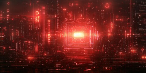 Poster - Digital cityscape with glowing circuitry in red tones showcases futuristic technology and urban life at dusk