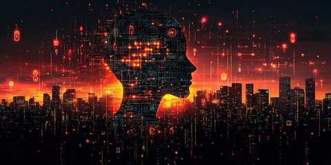 Poster - Digital silhouette against a vibrant city skyline at dusk showcasing technology and data concepts