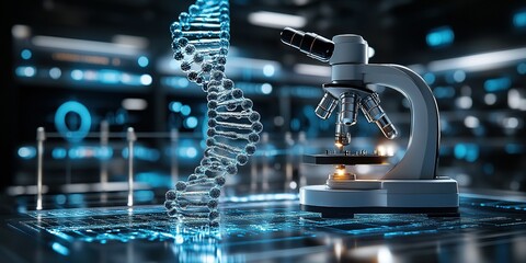 Poster - Microscope and DNA strand showcases advanced scientific research in a modern lab environment