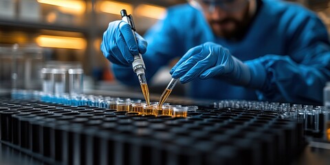 Poster - Researcher conducts experiments with pipettes in a laboratory during a busy workday in the evening