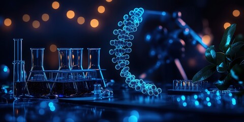 Poster - Laboratory setup showcases biochemical research with glowing molecular structure under ambient lighting