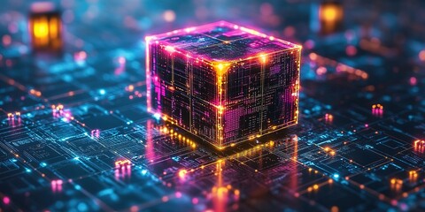 Poster - Illuminated digital cube on a futuristic circuit board design with glowing elements in a vibrant setting at night