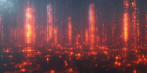 Poster - Digital cityscape glowing with neon lights against a dark cosmic background during nighttime