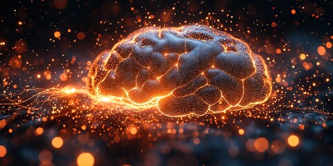 Poster - Bright glowing brain surrounded by vibrant sparks and luminous particles symbolizes creativity and intelligence