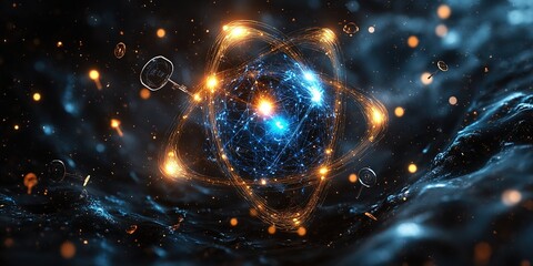 Poster - Visual representation of an atom in a cosmic background with glowing particles and vibrant colors