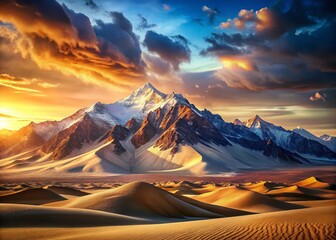 Wall Mural - Majestic Snow-Capped Mountains Rising Above Desert Landscape - Long Exposure Photography