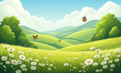 Canvas Print - Vibrant landscape with butterflies and flowers