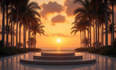 Wall Mural - Serene sunset over palm-fringed beach