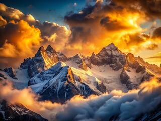 Wall Mural - Majestic Sunrise Mountain Range: Breathtaking Snow-Capped Peaks and Dramatic Clouds