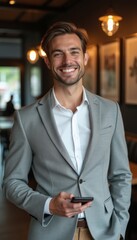 Wall Mural - A stylish young man in a light gray suit stands confidently in a modern café, holding a smartphone. His warm smile radiates positivity and approachability, making him the perfect embodiment of