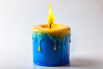 Wall Mural - Melting Blue Candle with Yellow Wax and Bright Flame on White Background - Stock Photo