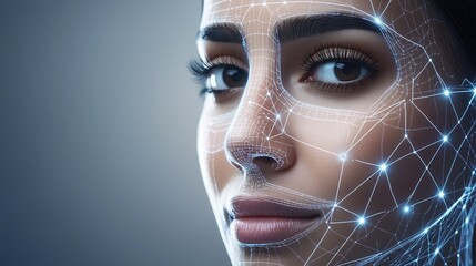 Wall Mural - arab woman faces with blue digital face mapping lines for beauty and technology concept.