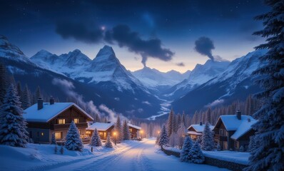 Wall Mural - Winter evening in a snowy mountain village