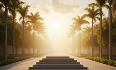 Canvas Print - Serene misty morning in tropical garden.