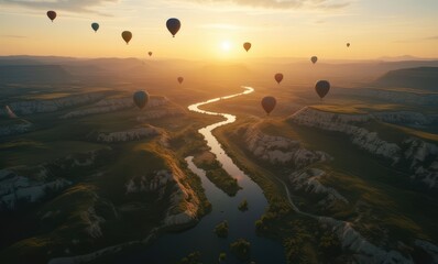 Wall Mural - Scenic sunset with colorful hot air balloons