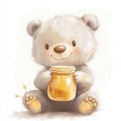 Aufkleber - Cute bear smiling while holding a jar of honey in a bright and cheerful setting. Generative AI