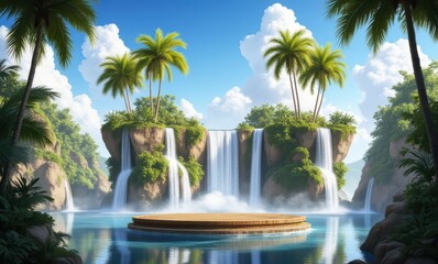 Canvas Print - Serene tropical landscape with waterfalls