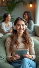 Canvas Print - A cheerful young woman with long, wavy hair smiles while wearing headphones and holding a tablet, surrounded by friends in a warm, inviting living room. The scene radiates happiness and connection