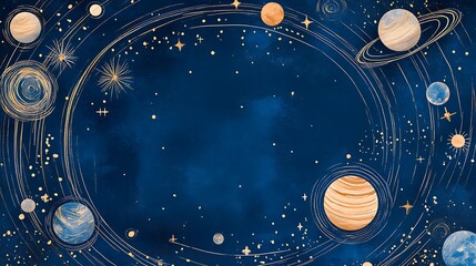 Wall Mural - Celestial Bodies Orbiting in a Dark Blue Galaxy