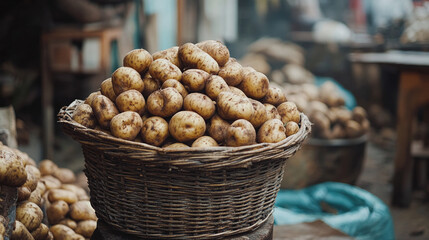 Wall Mural - Pile or stack of potato vegetable food in a wooden basket. heap of raw uncooked brown vegan or vegetarian agriculture ingredient, healthy organic snack harvest, carbohydrate.