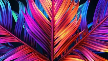 Aufkleber - Neon Tropical: A vibrant close-up of tropical leaves, bathed in a spectrum of neon hues, creating a striking and contemporary abstract artwork.  