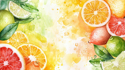 Wall Mural - Abstract colorful watercolor summer fruits illustration background. sweet fresh and healthy citrus food plant diet, delicious tropical art.