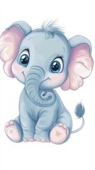 Poster - Cute elephant illustration featuring a happy baby elephant with large expressive eyes and soft colors. Generative AI