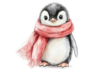 Poster - Adorable illustrated penguin wearing a cozy red scarf, standing cheerfully against a light background. Generative AI