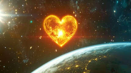 Wall Mural - glowing red heart in orbit around earth with stars shining in the cosmic background representing lov