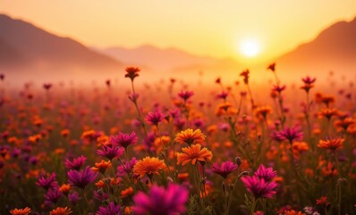 Canvas Print - Vibrant sunset over blooming wildflowers