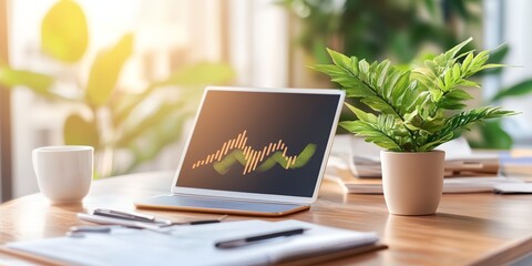 Poster - Laptop is on a table with a plant next to it