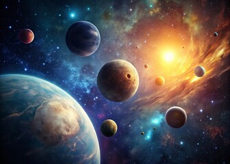 Wall Mural - minimalist space landscape: high-angle view of planets and moons