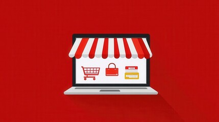 Colorful Online Shopping Concept on Laptop Screen with Shopping Cart, Handbag, Payment Options, and Striped Canopy Set Against a Vibrant Red Background