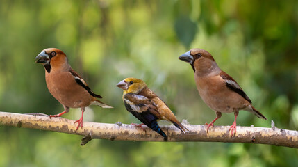 family portrait of grosbeak birds female, male and chick sitting on tree branch in spring sunny forest