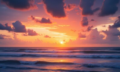 Wall Mural - Vibrant sunset over serene ocean waves