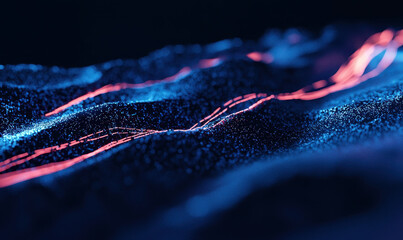 Poster - Futuristic Digital Abstract: Illuminated Neon Patterns and Dynamic Blue Textures in Modern Technology Visualization